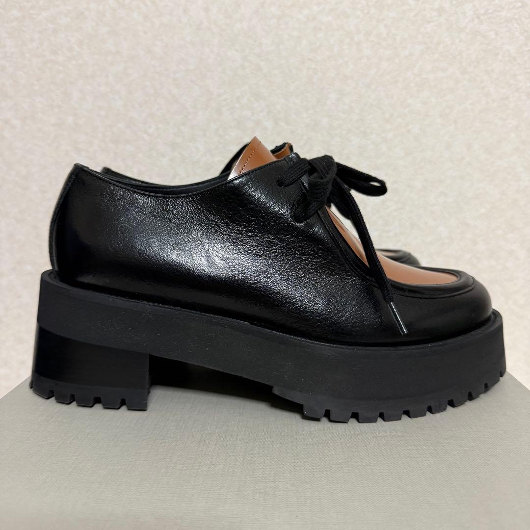 美品　マルニ　レースアップ厚底シューズ　黒　茶　レザー　39 23cm相当