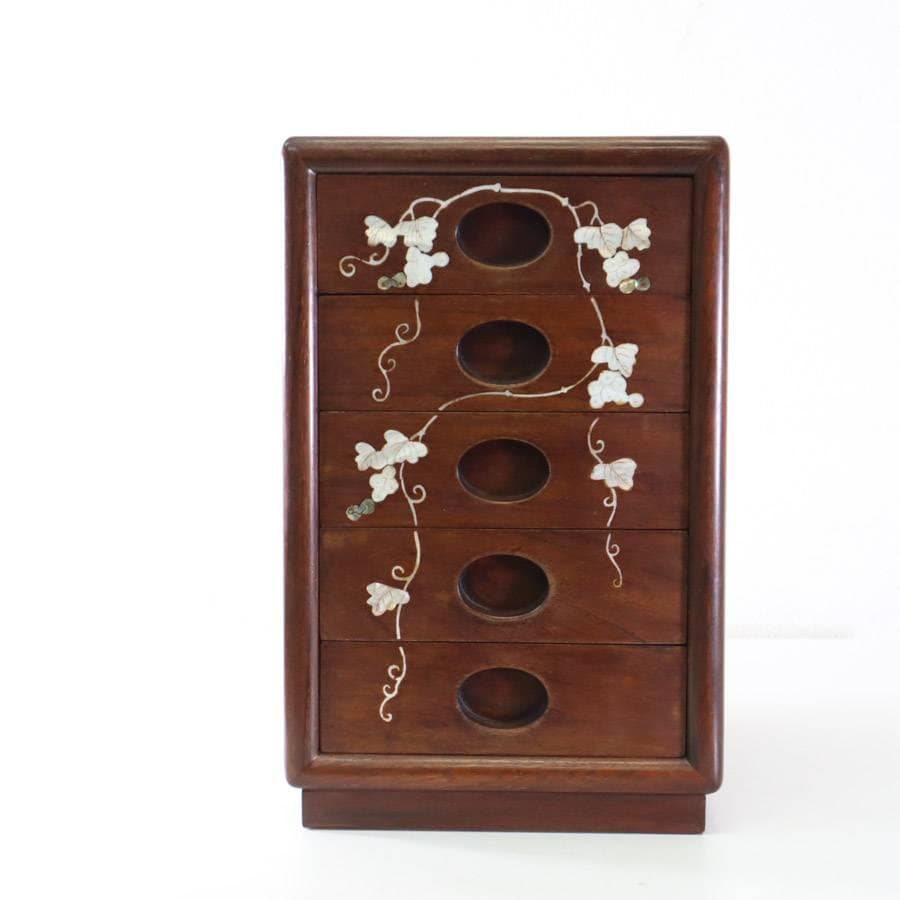 値下高級銘木 唐木 花梨無垢 螺鈿細工 葡萄図 小抽斗 5段 小箪笥 小引き出し