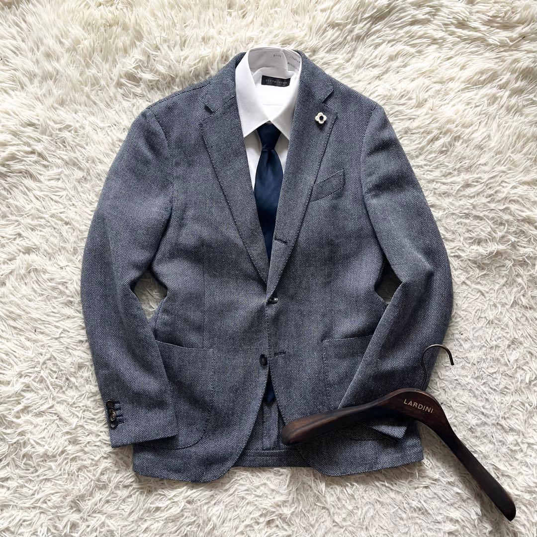 <美品>LARDINI 新ロゴ ネイビー ウール リネン シルク ジャケット48