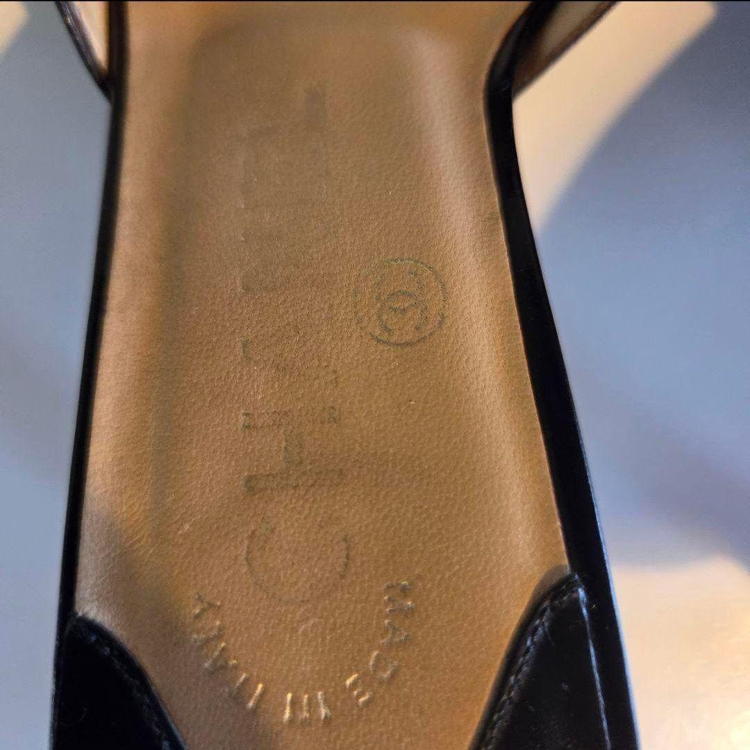 シャネル　 ブラック　レザーサンダル 中ヒール　リボン付き　22.5㎝