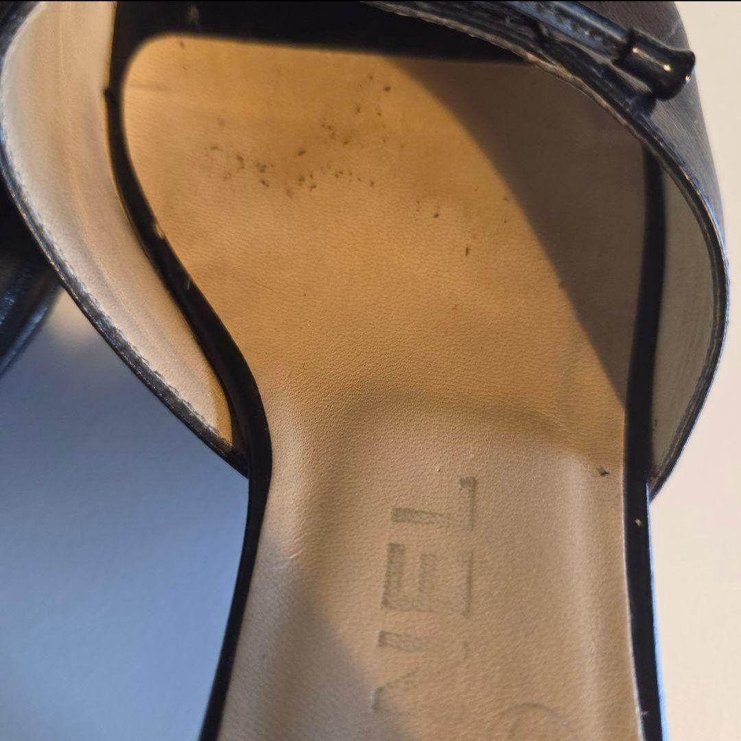 シャネル　 ブラック　レザーサンダル 中ヒール　リボン付き　22.5㎝