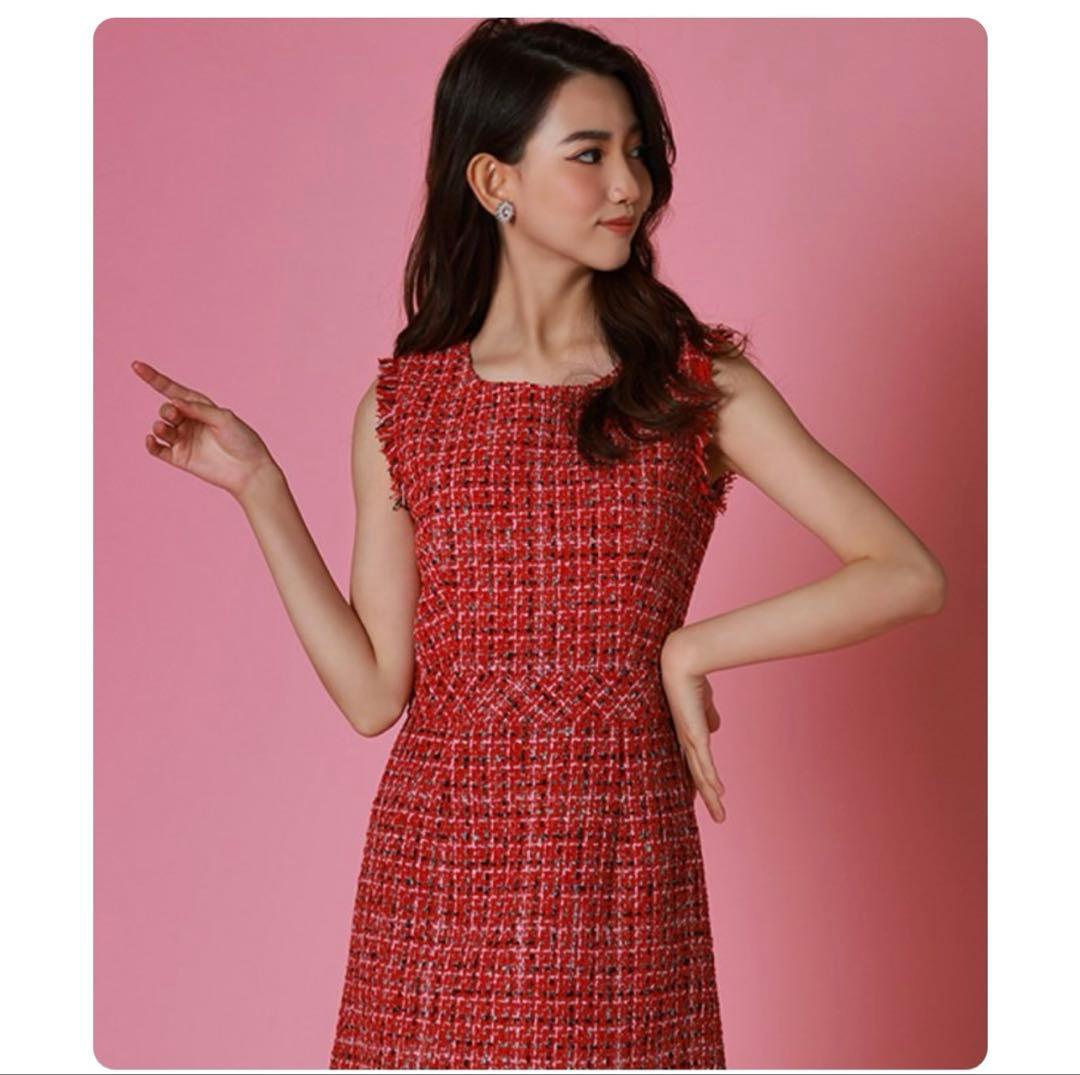 ERUKEI]レッド・ツイード・フリンジAライン膝丈ミニドレスワンピース黒木麗奈