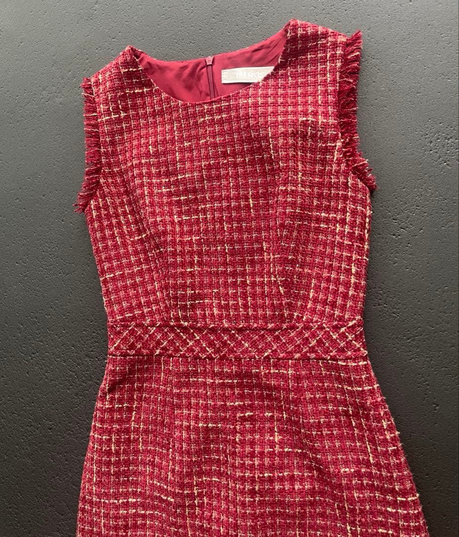 ERUKEI]レッド・ツイード・フリンジAライン膝丈ミニドレスワンピース黒木麗奈