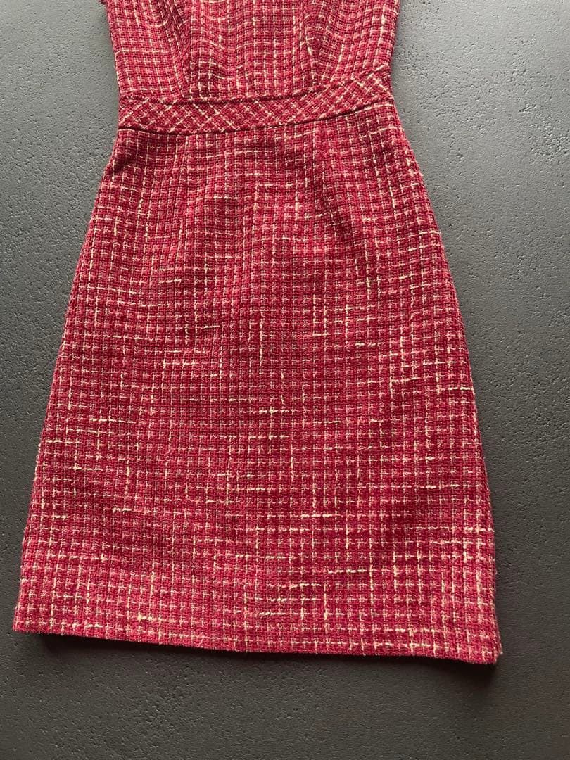 ERUKEI]レッド・ツイード・フリンジAライン膝丈ミニドレスワンピース黒木麗奈