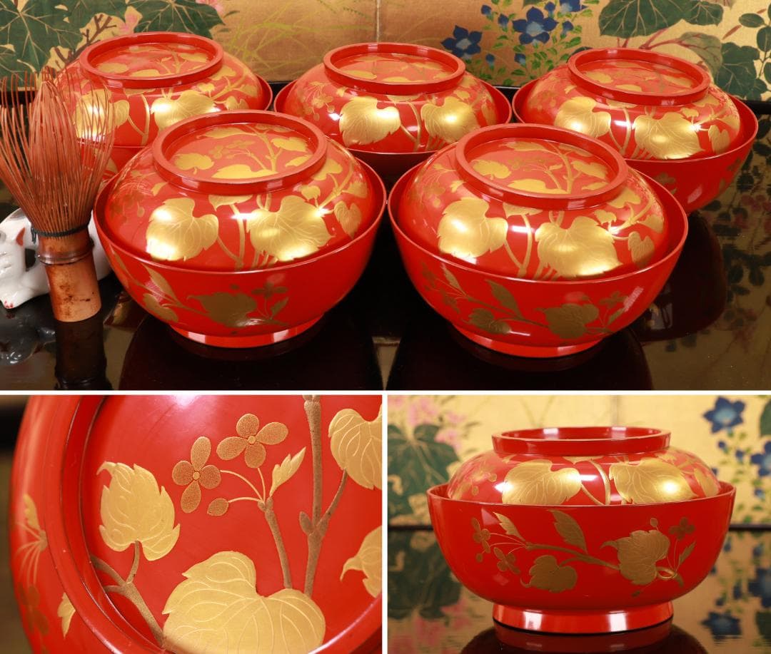 nori、時代漆器　輪島塗　草花金蒔絵　吸物椀　五客　木製 BJ128