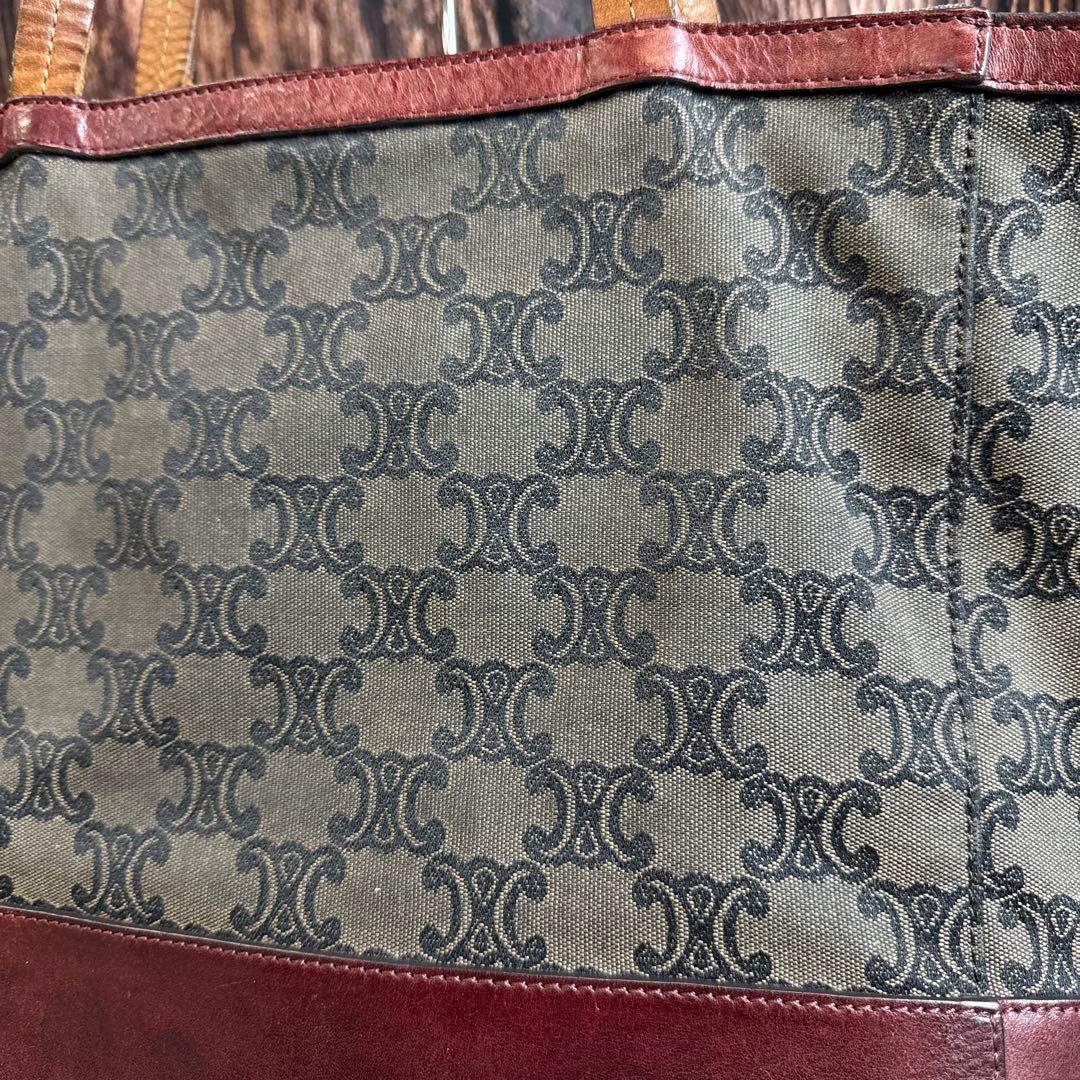 CELINE セリーヌ マカダム柄 トートバッグ キャンバス×レザー ボルドー系