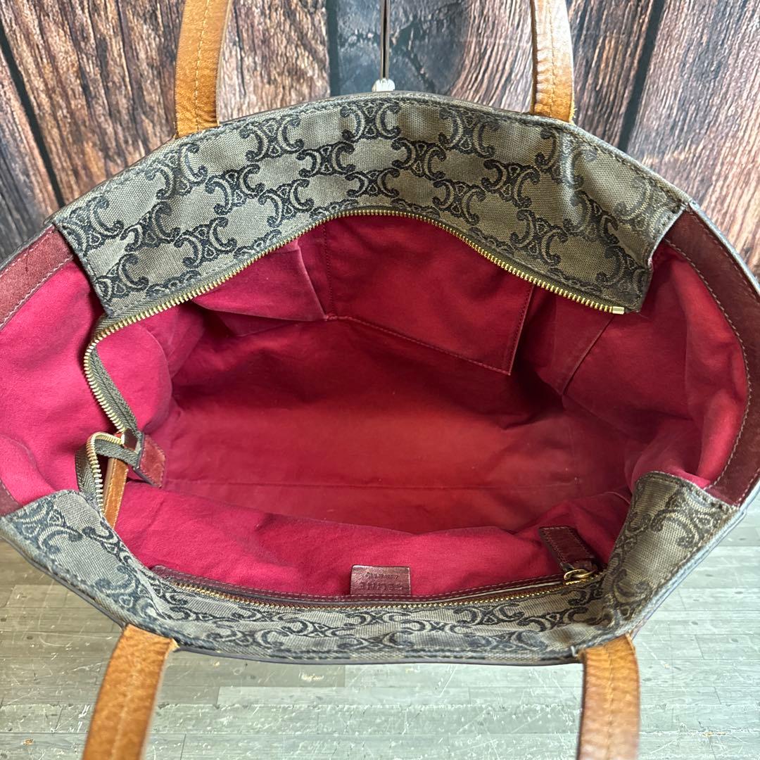 CELINE セリーヌ マカダム柄 トートバッグ キャンバス×レザー ボルドー系