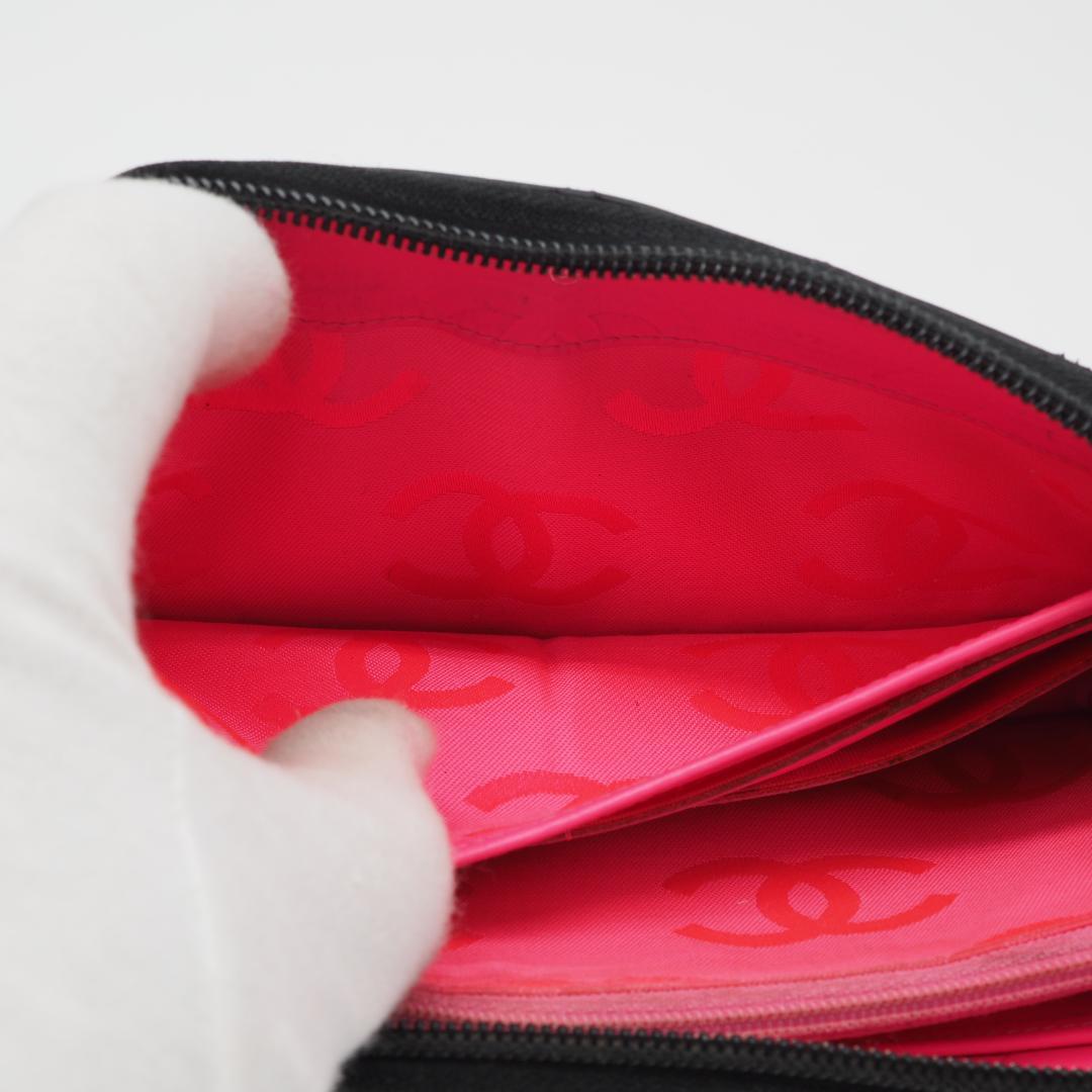 【美品】シャネル カンボンライン ラウンドファスナー 長財布 黒×ピンク