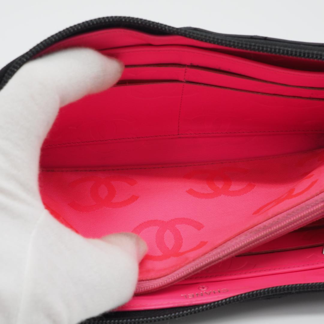 【美品】シャネル カンボンライン ラウンドファスナー 長財布 黒×ピンク