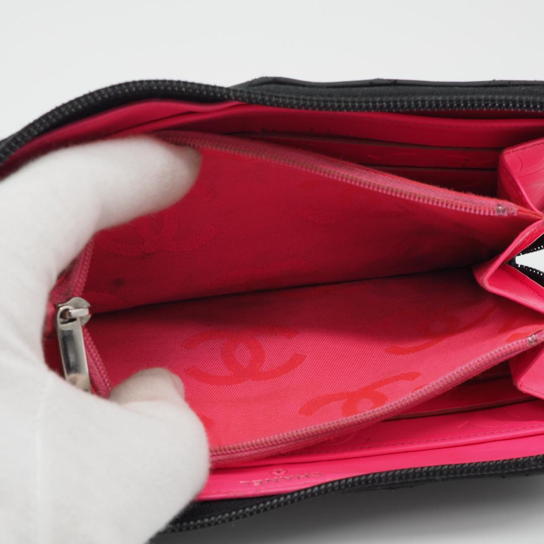 【美品】シャネル カンボンライン ラウンドファスナー 長財布 黒×ピンク