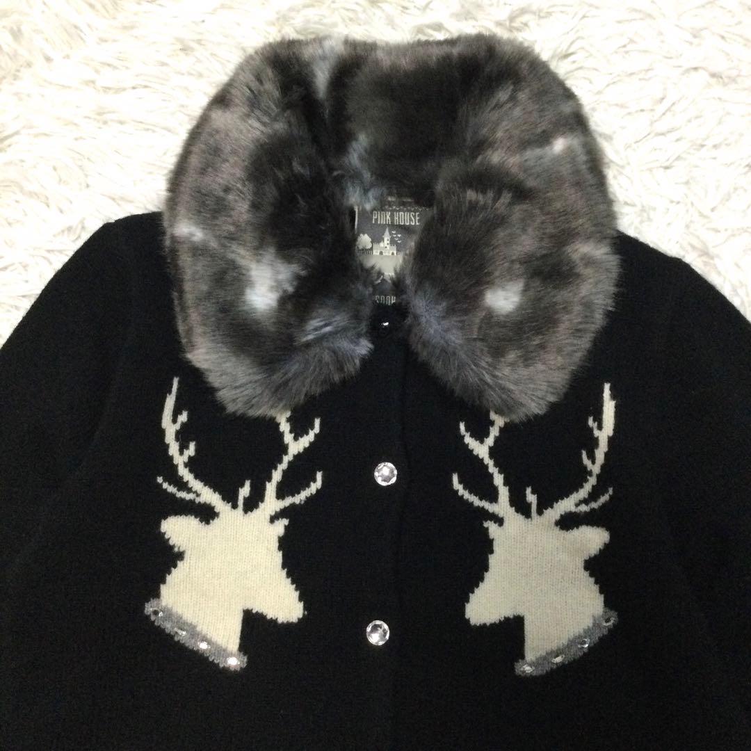 【希少】美品★ピンクハウス ファー襟トナカイ ビジュー ニットカーディガン