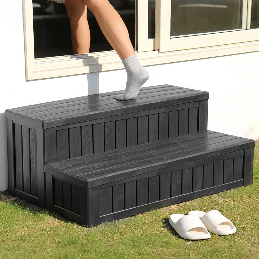 屋外収納ボックス 踏み台タイプ 組み立て簡単　樹脂製　木目調