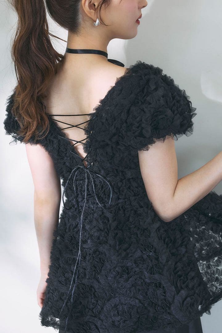 polaura フラワーぺプラムバックリボンチュニック ブラック