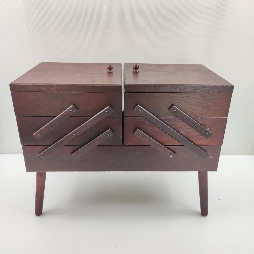 裁縫箱 ソーイングボックス 木製 脚付き 折り畳み 手芸 レトロ ビンテージ