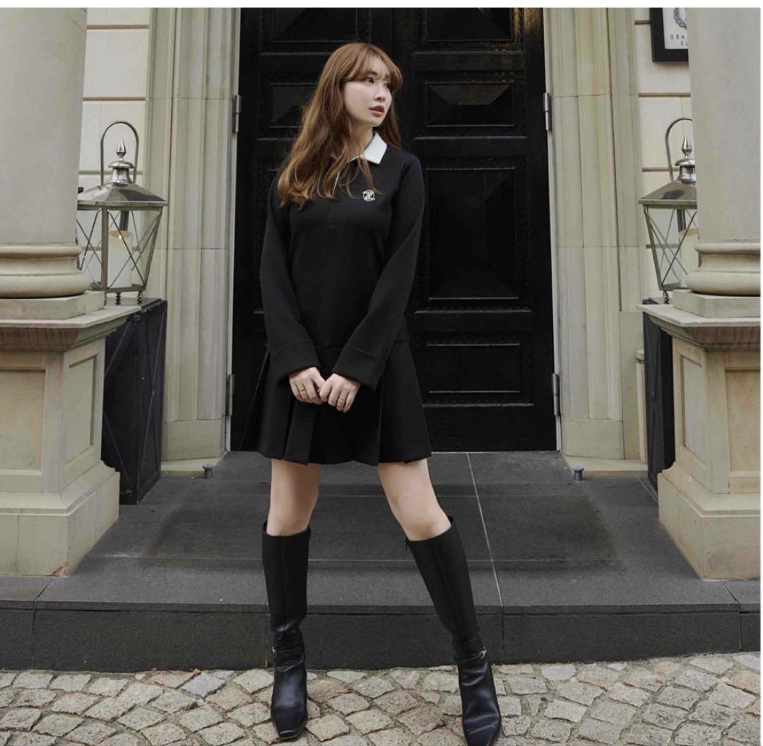 herlipto ブラック 長袖 ひざ丈ワンピース