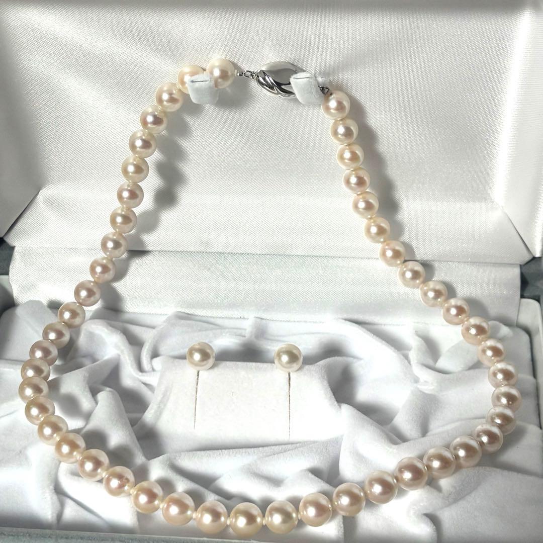 干渉色◎✨大珠8.5mm あこやパールネックレス オールノット仕上　イヤリング付