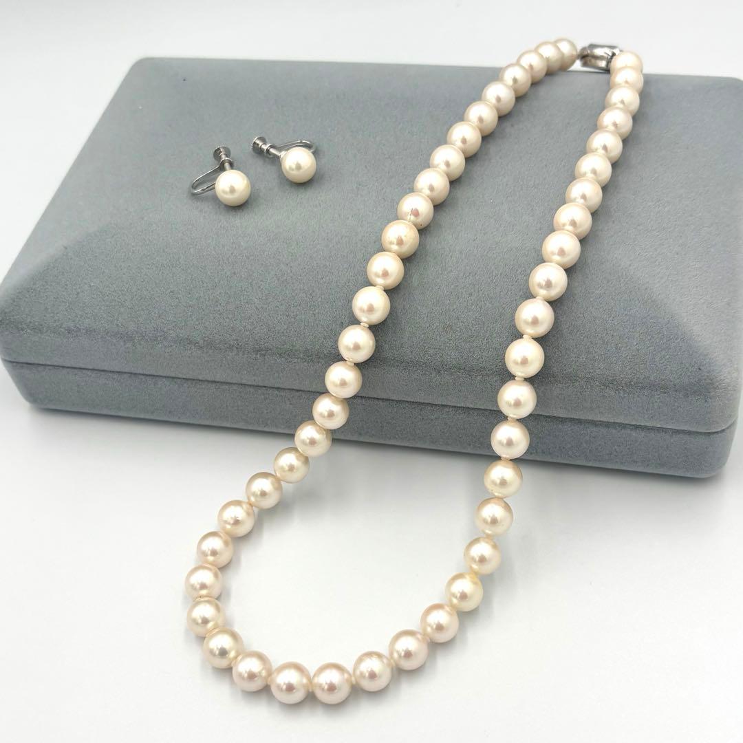 干渉色◎✨大珠8.5mm あこやパールネックレス オールノット仕上　イヤリング付