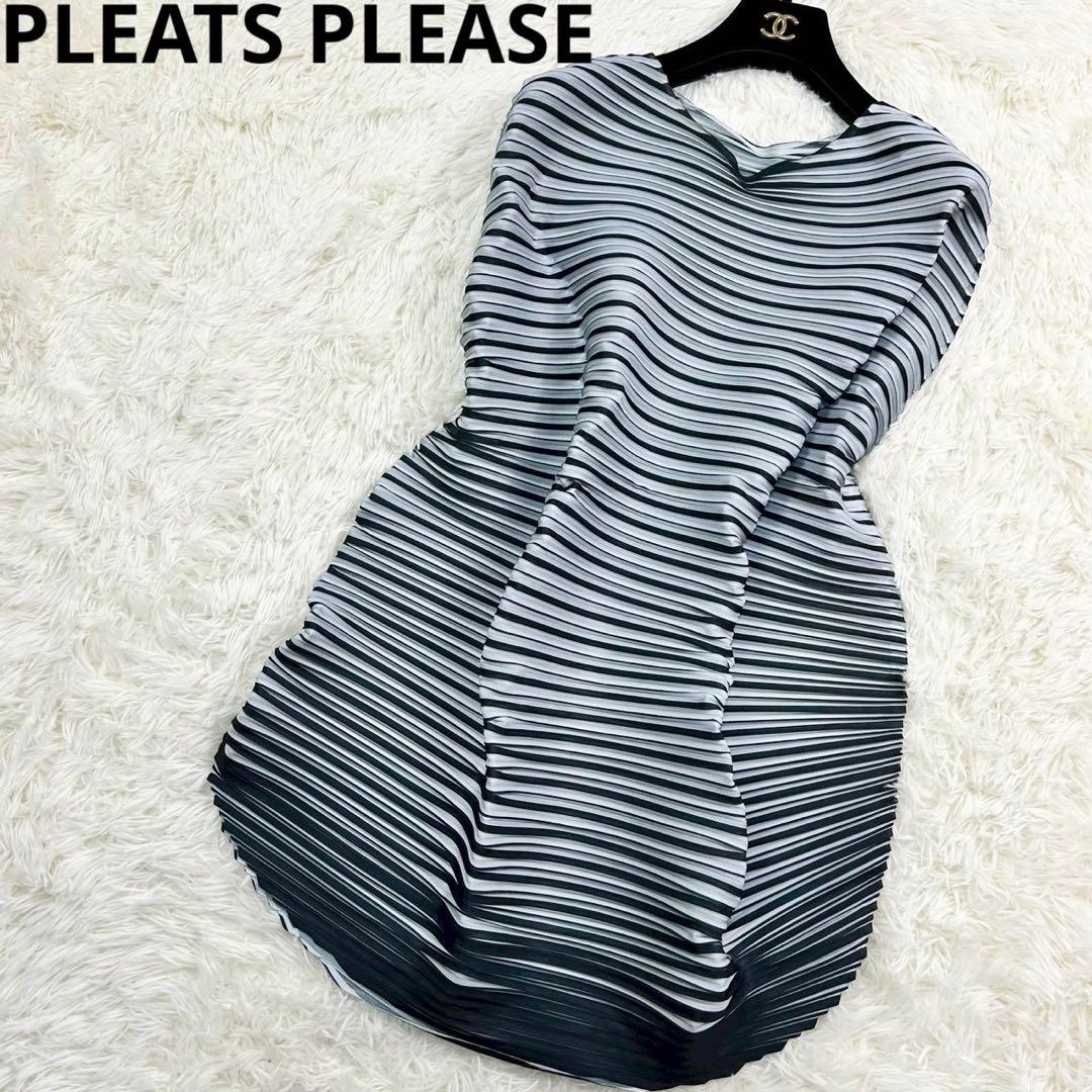 良品　プリーツプリーズ　チュニック　総プリーツ　ストライプ　グレー　3