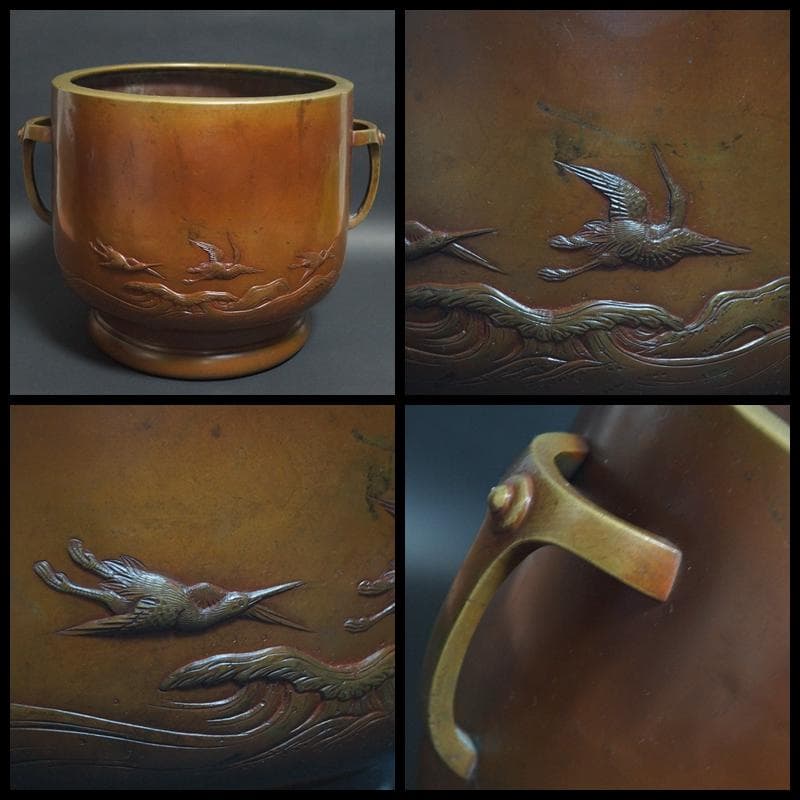 宣徳銅 金工細工浮き彫り『千鳥水模様』 火鉢 香炉 煎茶瓶掛 重さ3.9ｋg