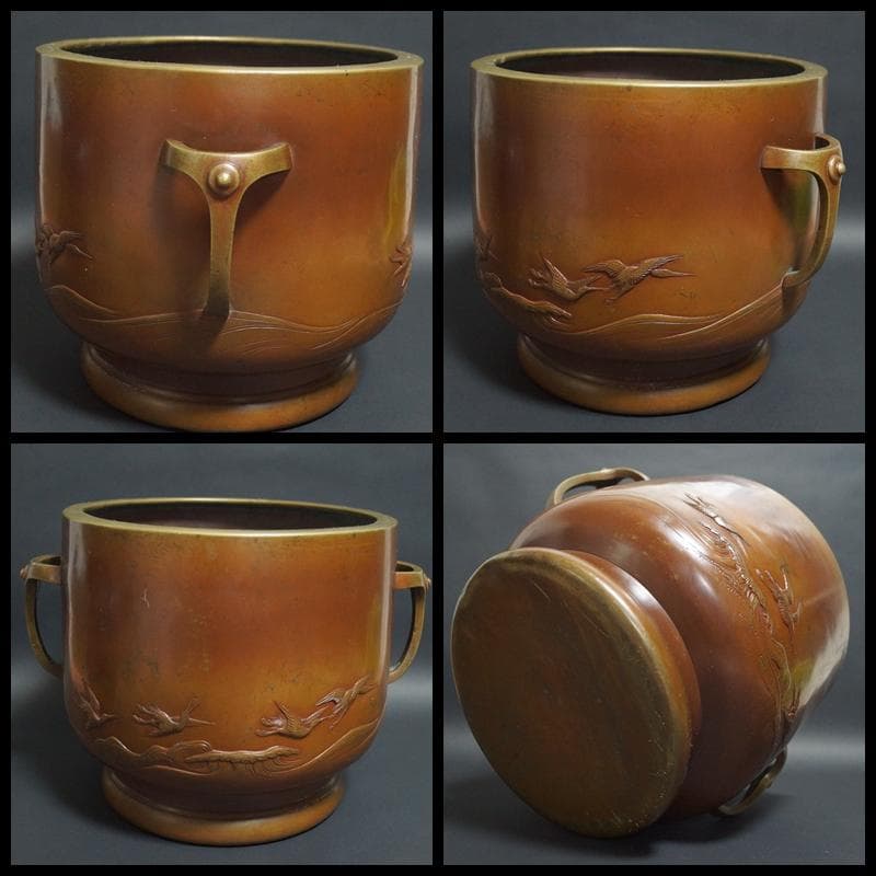 宣徳銅 金工細工浮き彫り『千鳥水模様』 火鉢 香炉 煎茶瓶掛 重さ3.9ｋg