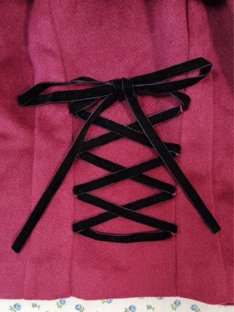 axes femme Kawaii ファー付きワインレッドケープコート