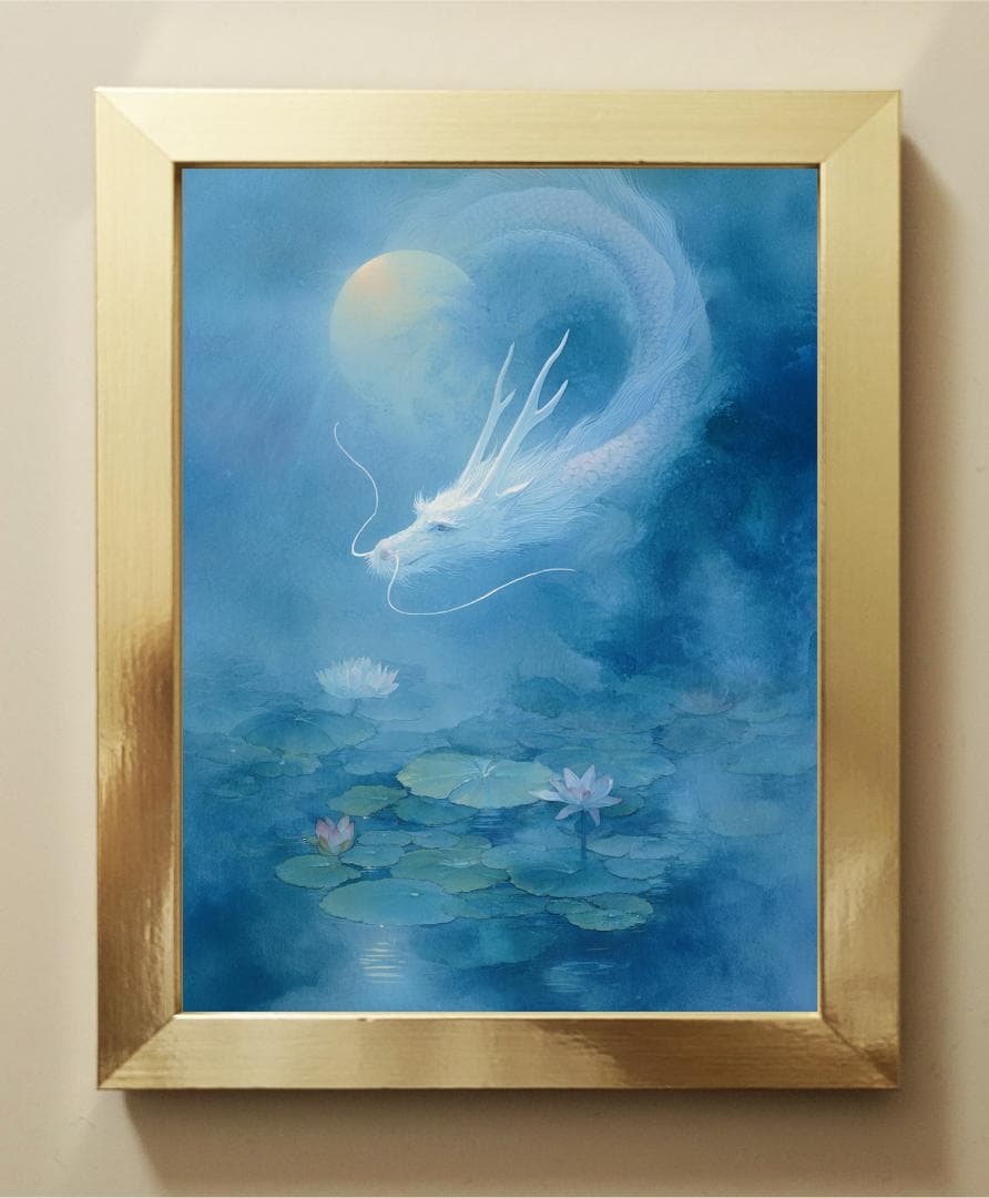 A2⭐︎354【白龍蓮池図】月夜の浄光【風景画】【神獣画】
