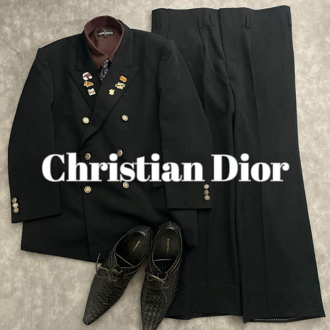 極上 漆黒ウール 黒金ボタン ダブルスーツ Christian Diorネクタイ