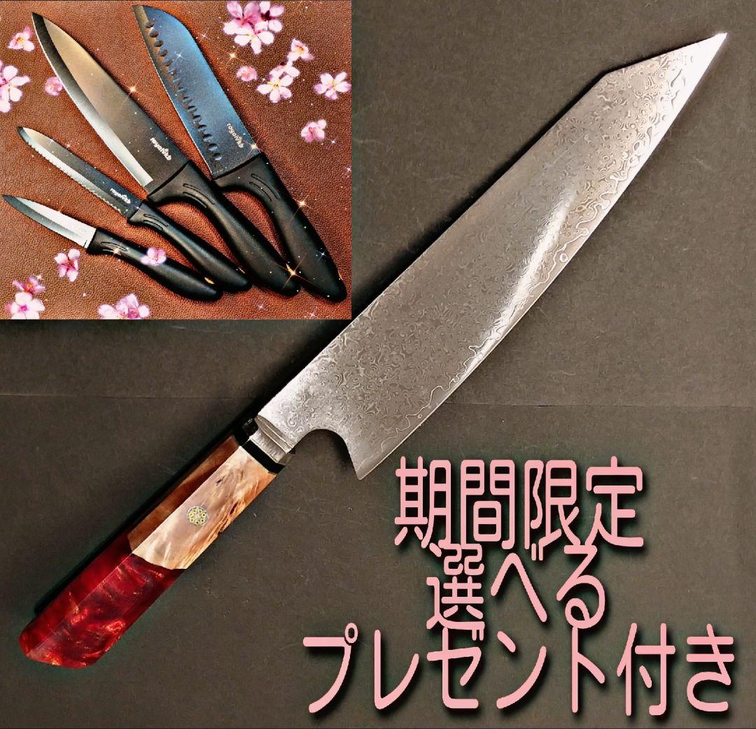 プレゼント付き　V金10号　ダマスカス包丁　ワインレッド柄　剣型　牛刀　三徳