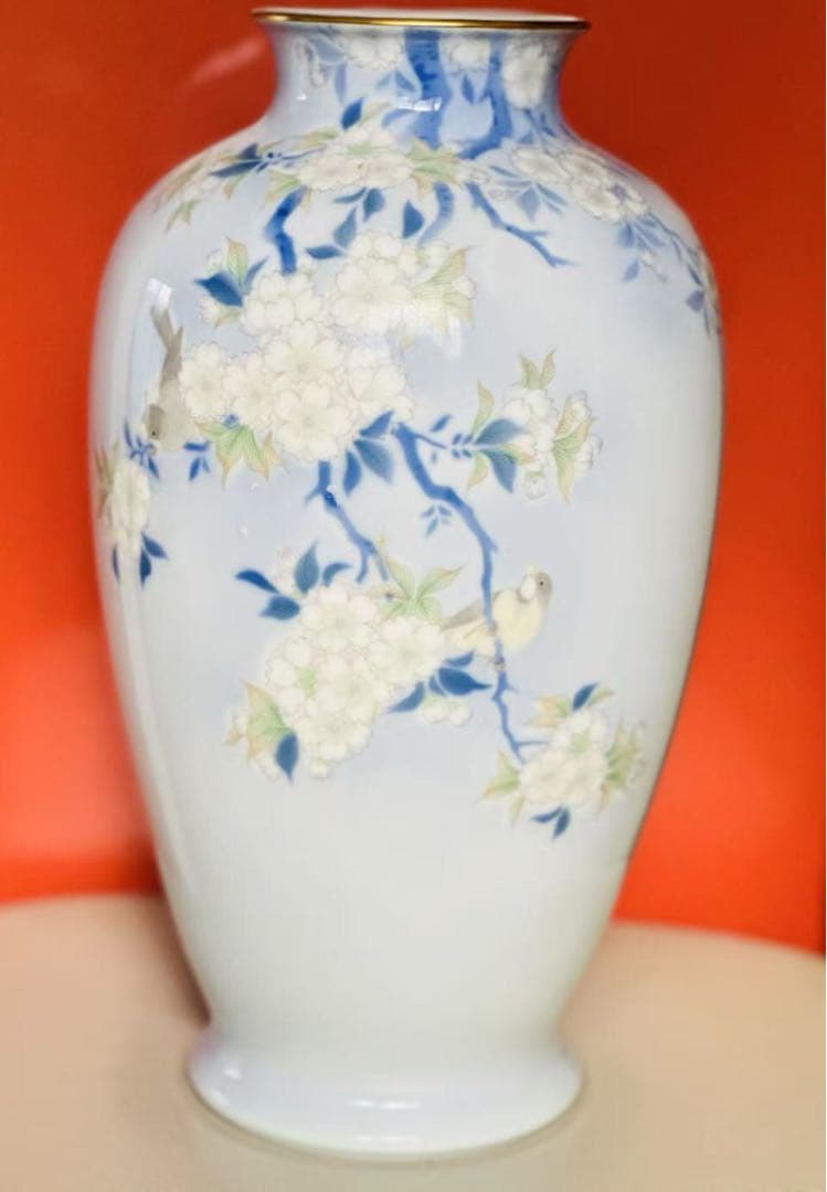 染付官窯 宮内庁御用達 深川製磁 花瓶 花鳥図 高さ約37.5cm 深川製磁共箱