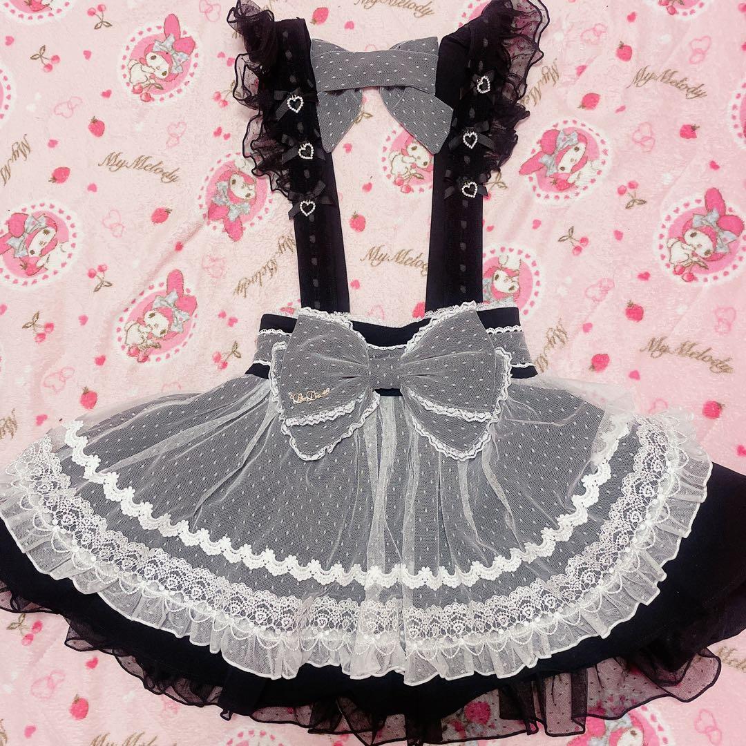 美品♡リズリサ♡メイドライクサスペンダー付スカート♡ブラック×ホワイト♡