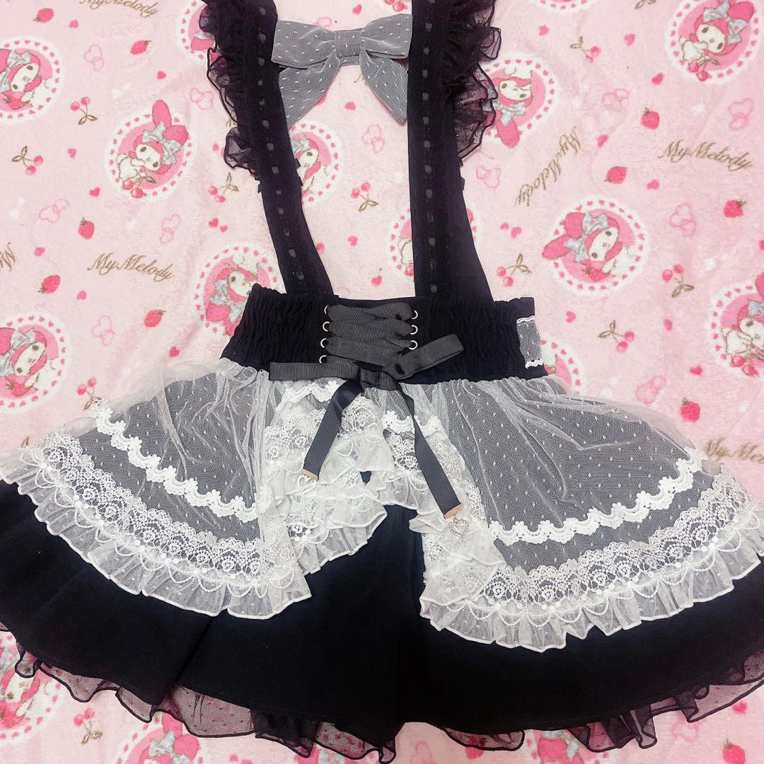 美品♡リズリサ♡メイドライクサスペンダー付スカート♡ブラック×ホワイト♡