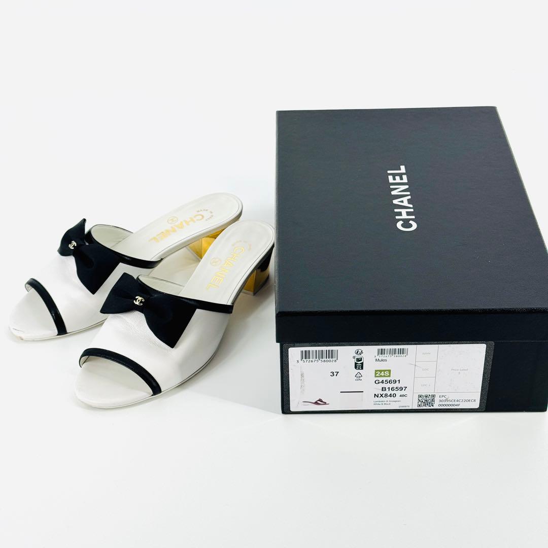CHANEL シャネル 24SS リボン ミュール ラムスキン サンダル 37