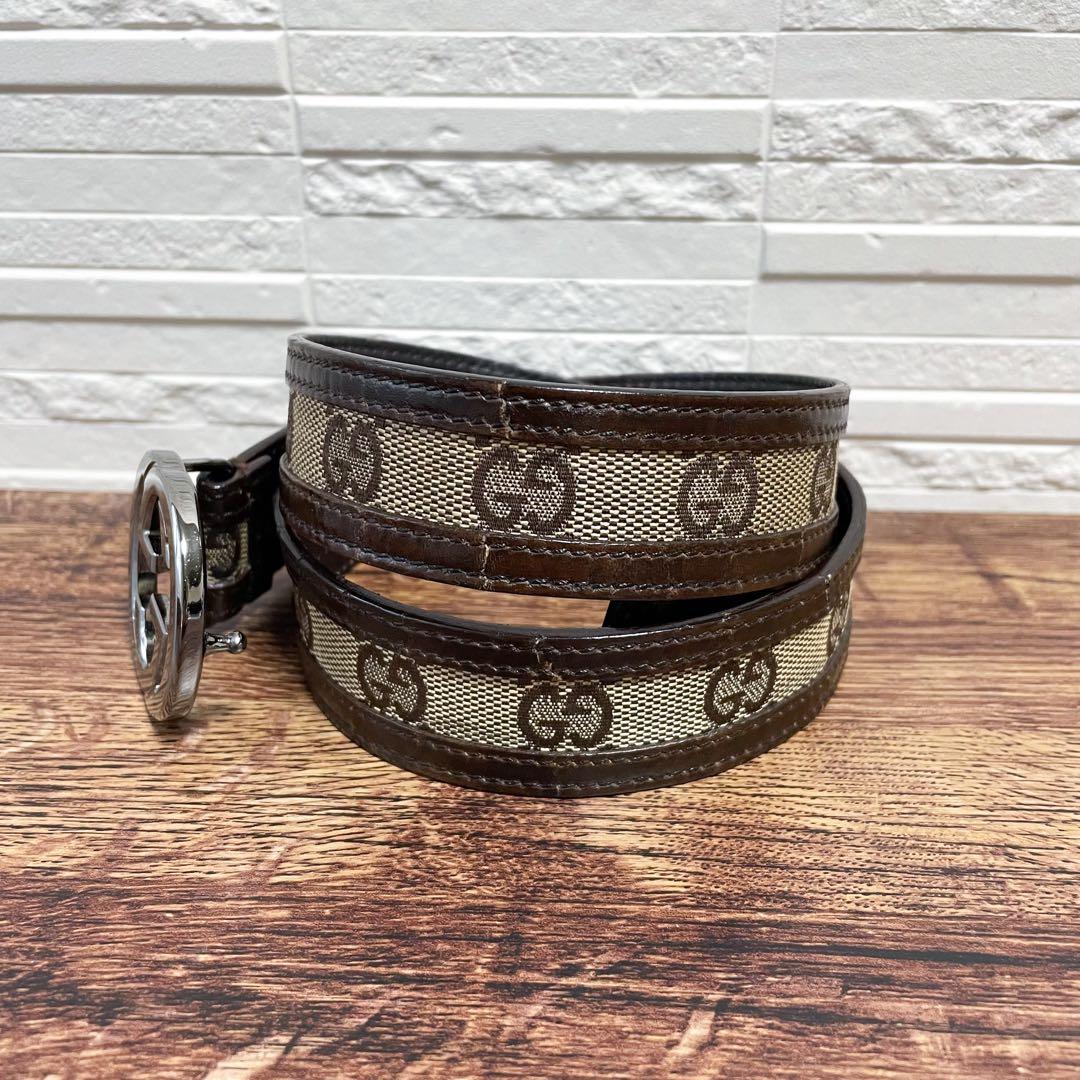 グッチ GG インターロッキング バックル キャンバス×レザー ベルト