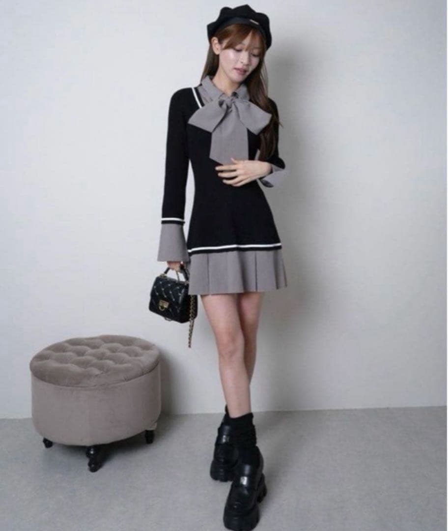 LIP SERVICE シャツドッキングプリーツワンピース 黒 ブラック