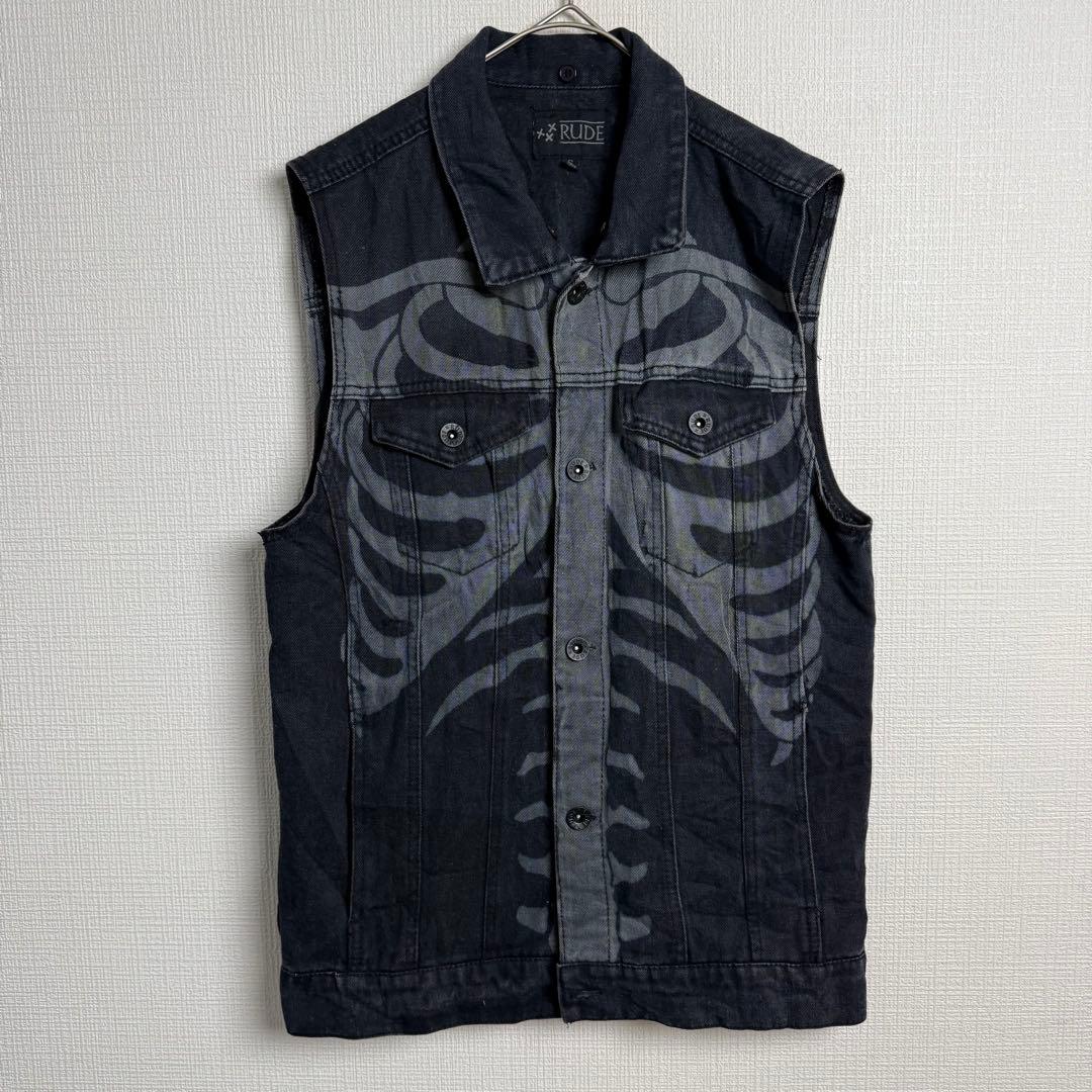 100 RUDE ルード スカルボーン総柄デニムトラッカーベスト 墨黒