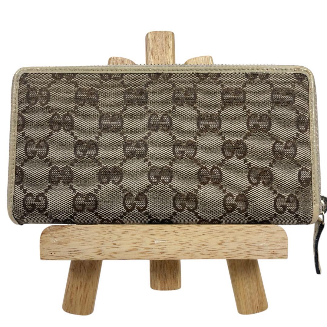 グッチ　極美品　総柄　ラウンドファスナー　キャンバス　GGロゴ　プレート　長財布
