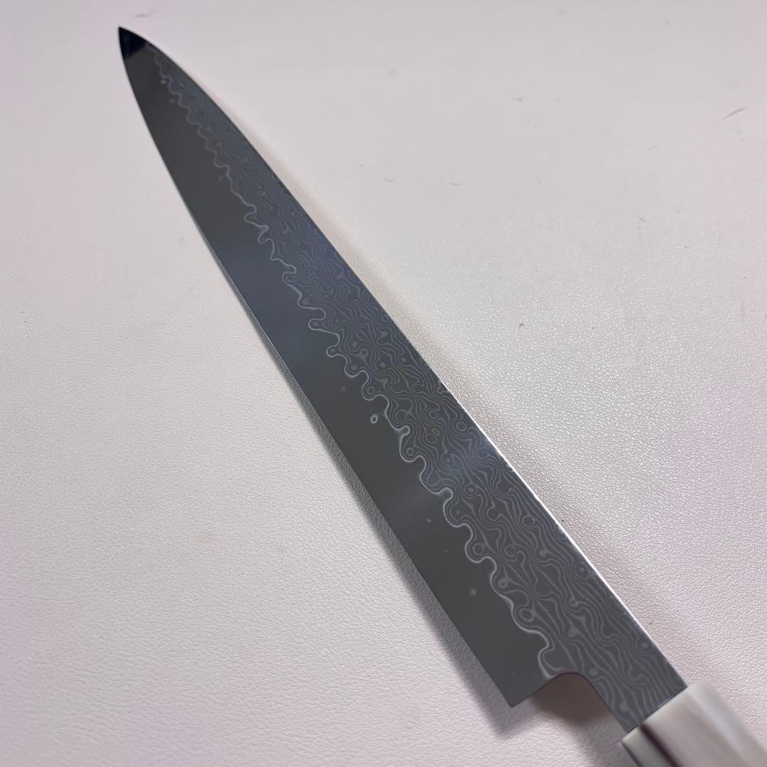 【鞘付き】尺300mm 墨流しダマスカス 柳刃包丁 黒檀本 牛八角柄刺身 和包丁