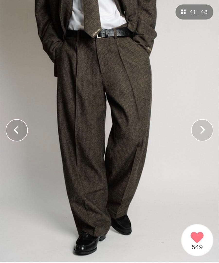 【美品】Subciety ヘリンボーンサイドジップワイドスラックス M ブラウン