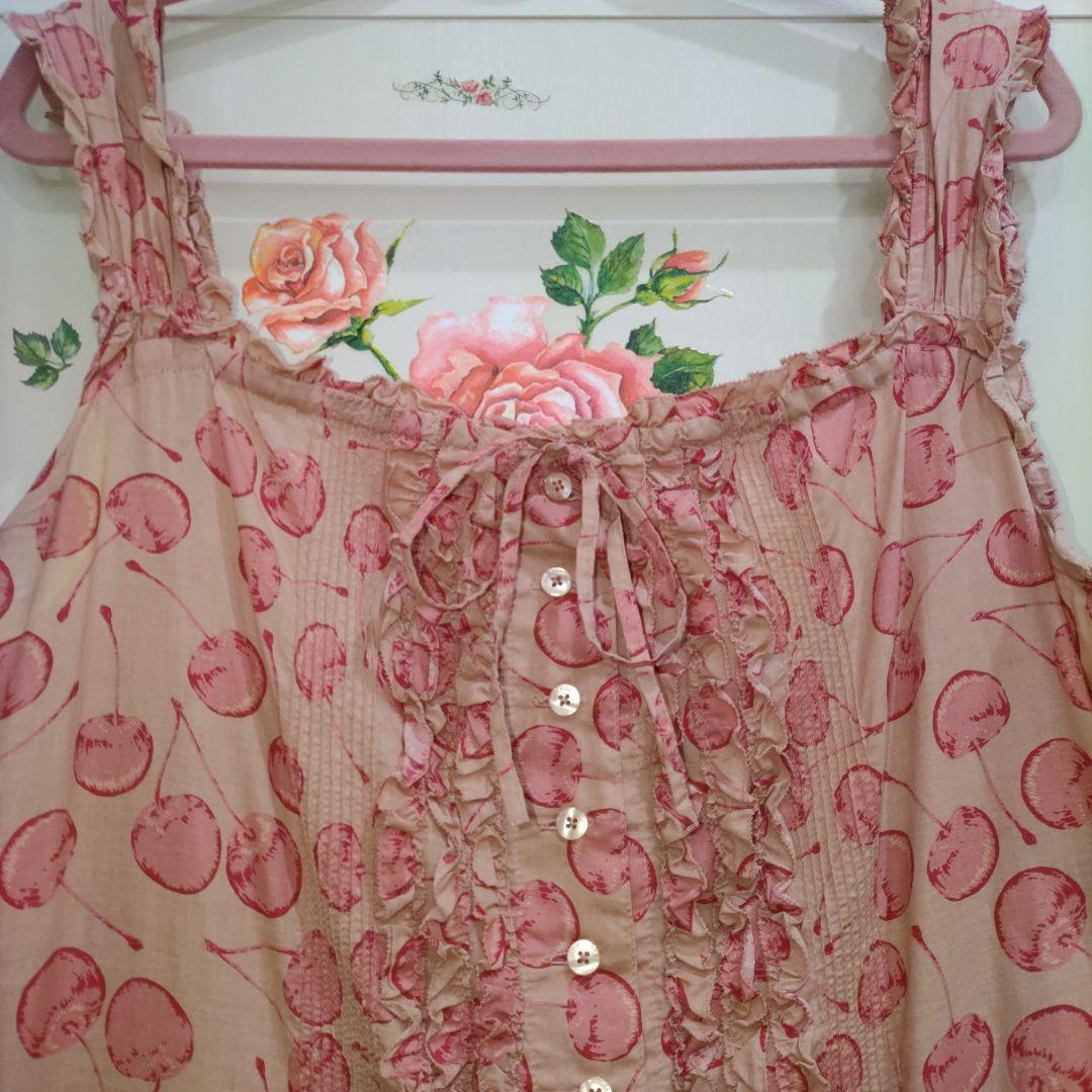 ピンクハウス　チェリー柄　ピコフリル　段々ワンピース　クスミピンク系