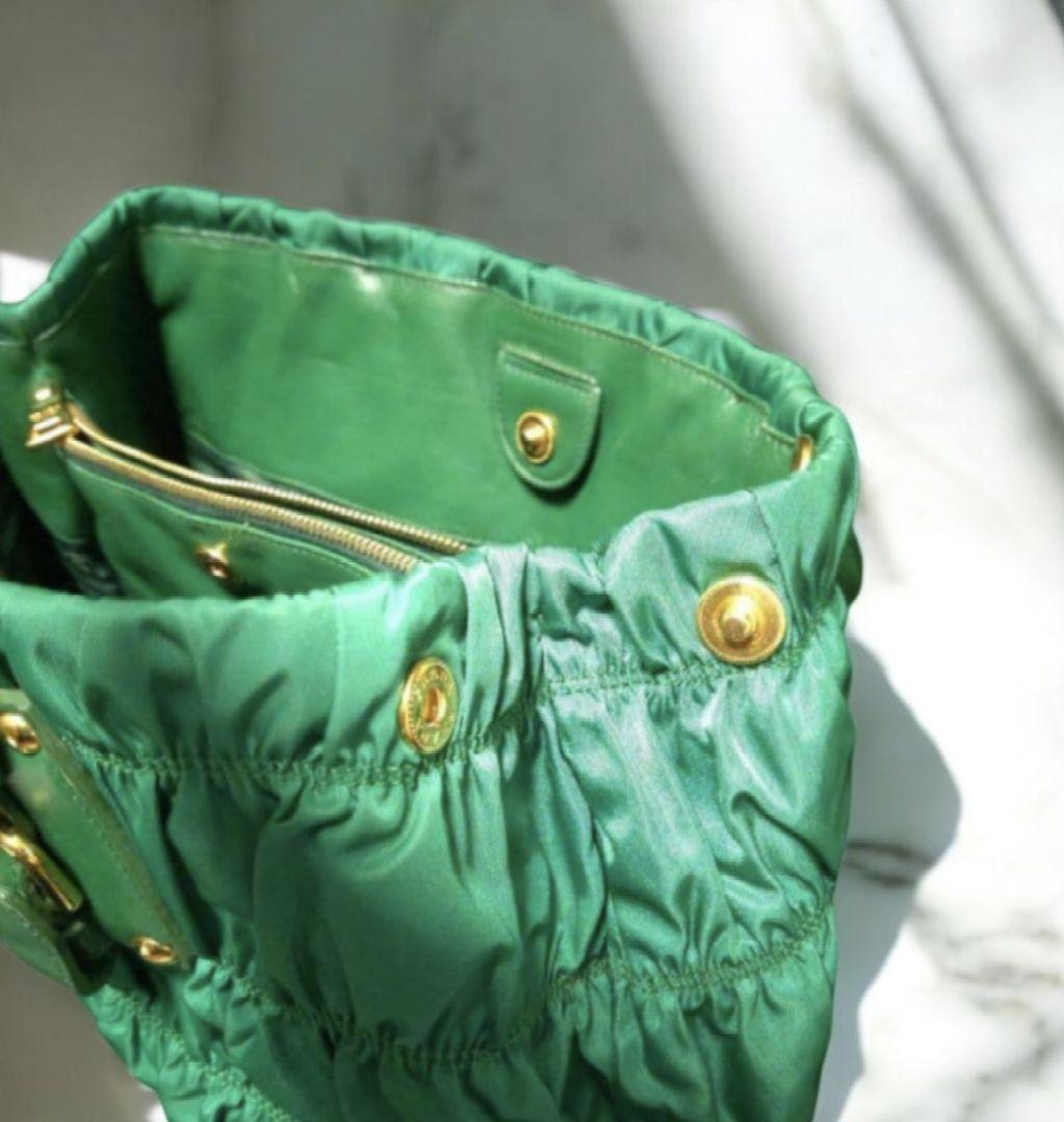 PRADA ハンドバッグ　2way ギャザー　グリーン　ショルダー　ゴールド金具