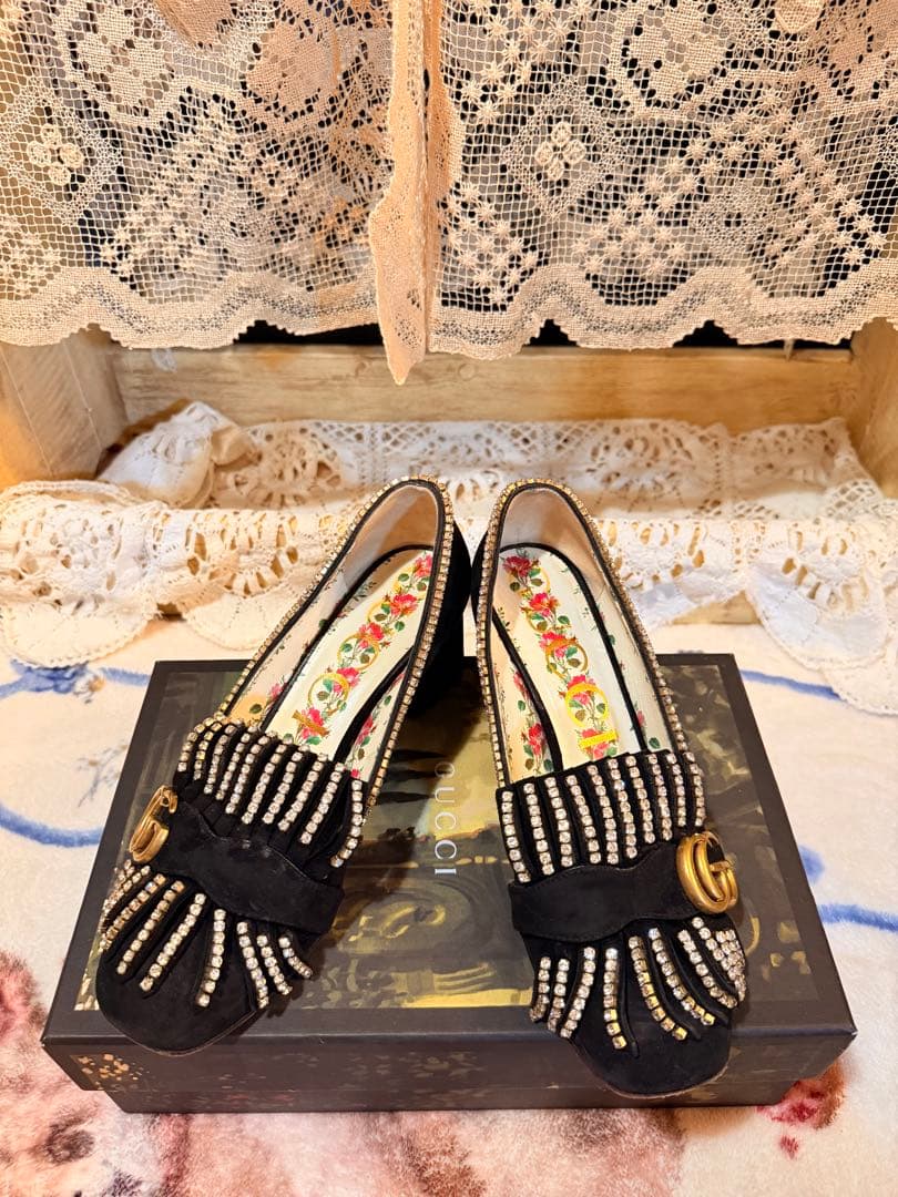 GUCCI パンプス GGマーモント ラインストーンスエード レザー黒