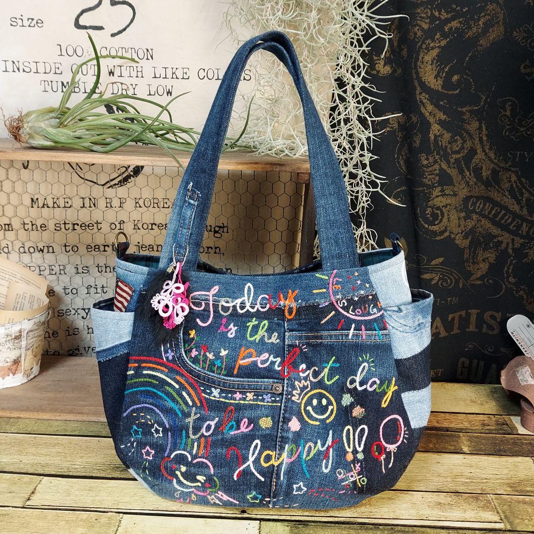 刺繍デニムバック　No.641　デニムリメイク　刺繍バック　チューリップバック