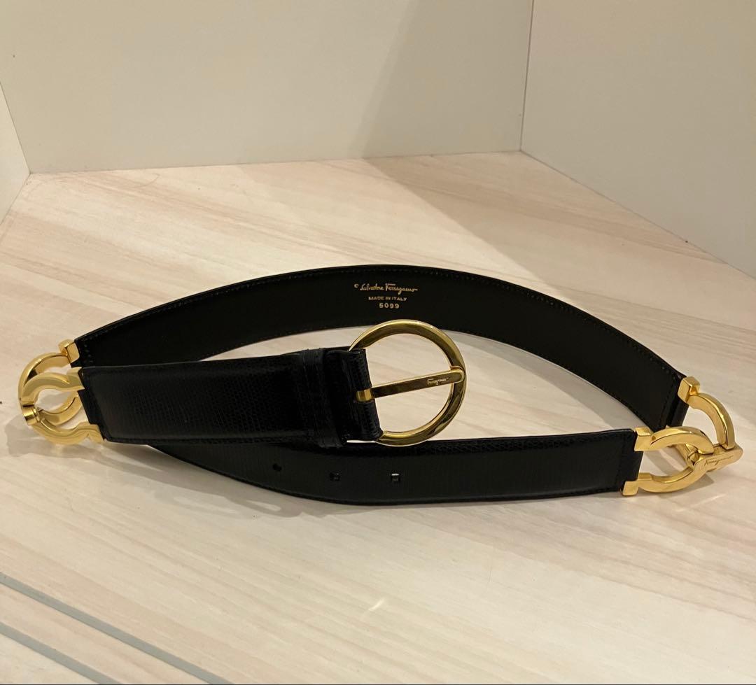 美品　サルヴァトーレ フェラガモ　ダブルガンチーニ　ベルト　リザード　ネイビー