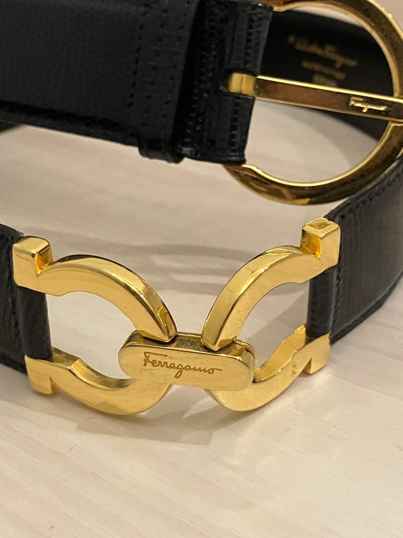 美品　サルヴァトーレ フェラガモ　ダブルガンチーニ　ベルト　リザード　ネイビー