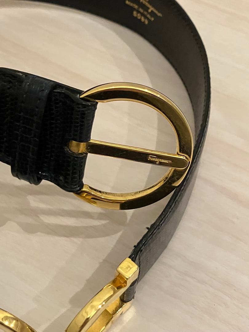 美品　サルヴァトーレ フェラガモ　ダブルガンチーニ　ベルト　リザード　ネイビー