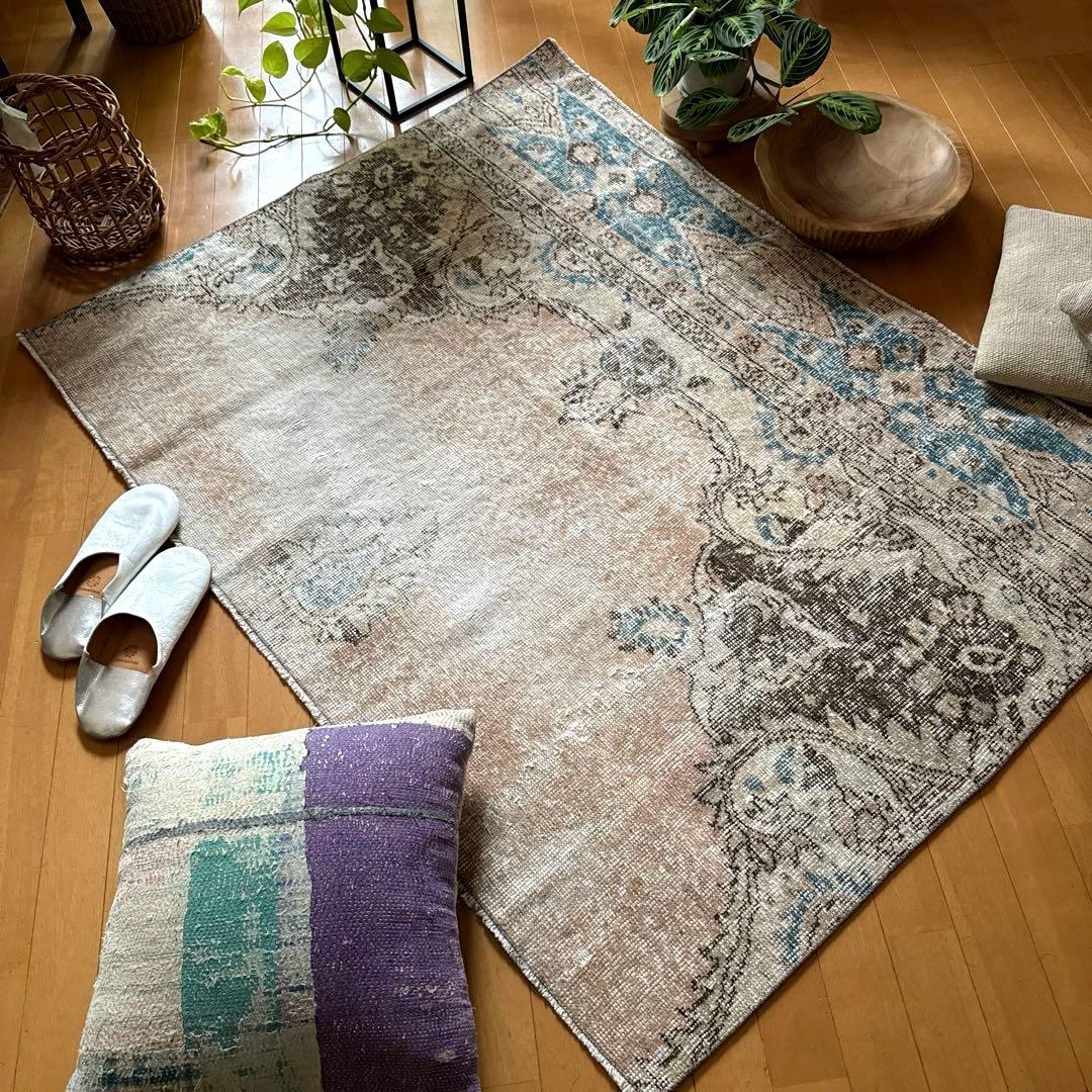 106×141 ターコイズブルー×ブラウン　淡いベージュ　トルコヴィンテージラグ