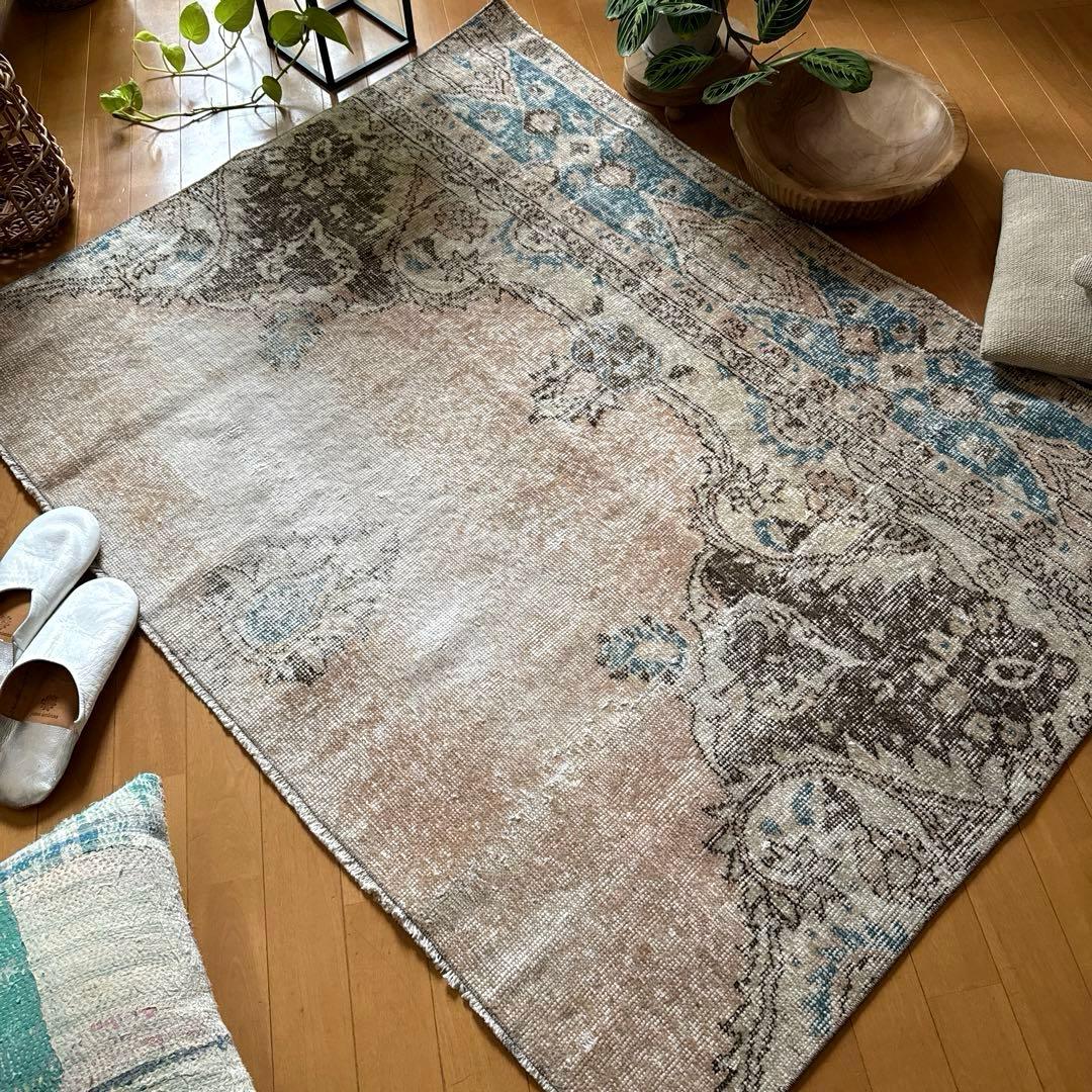 106×141 ターコイズブルー×ブラウン　淡いベージュ　トルコヴィンテージラグ