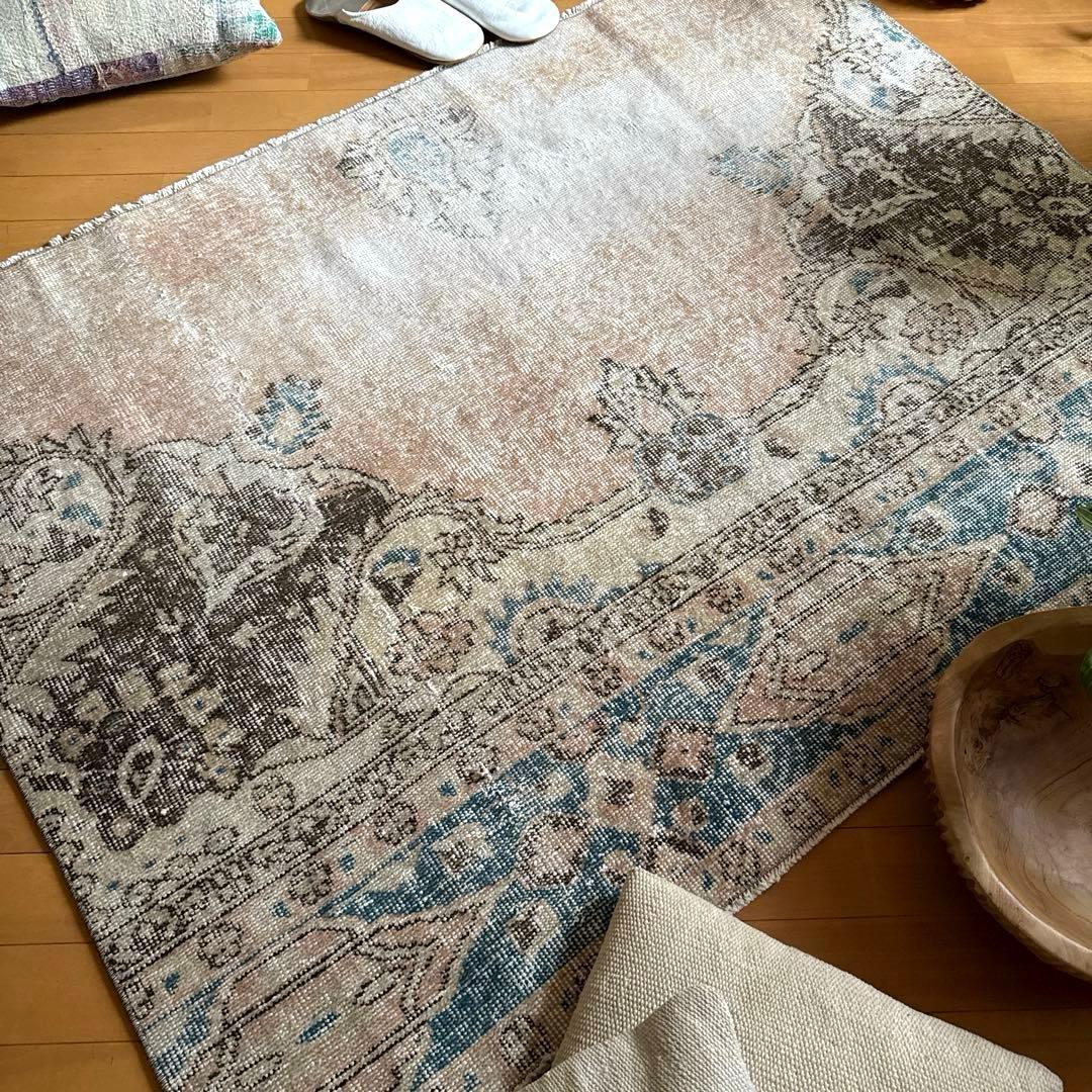 106×141 ターコイズブルー×ブラウン　淡いベージュ　トルコヴィンテージラグ