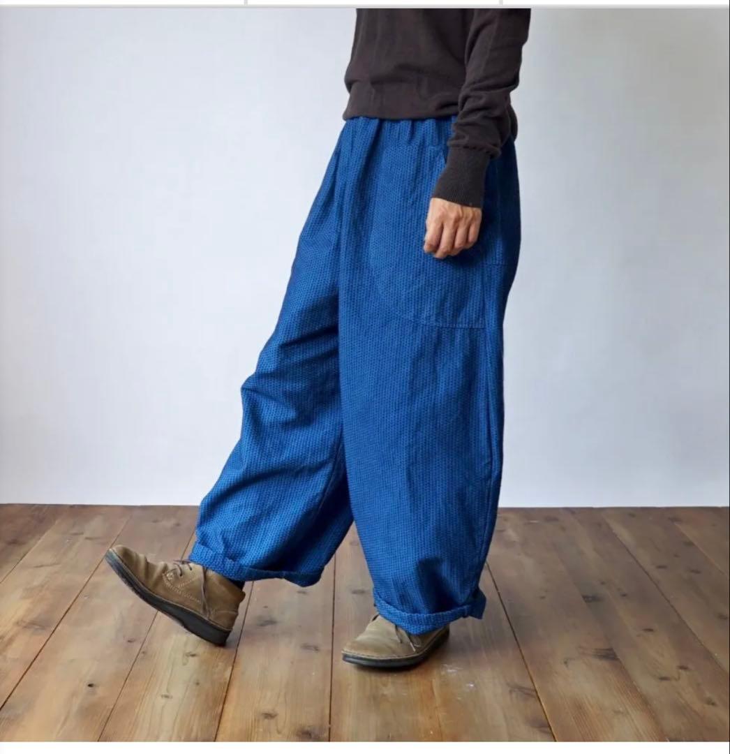 UZUIRO 一本刺し子 バルーンパンツ/ブルー/三河木綿 刺し子織