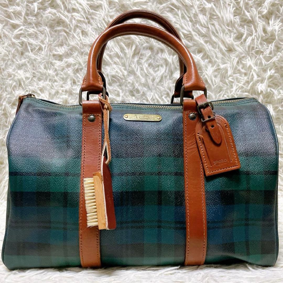 ポロラルフローレン ミニボストンバッグ PVC ブラックウォッチ ブラシ付